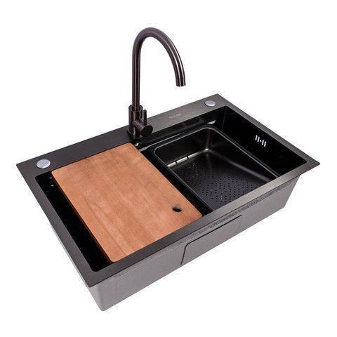 Мийка кухонна нержавіюча сталь PVD чорна Work station для кухні VALESO CM 75*46B Handmade 3.0/0.8 SP000048079 фото